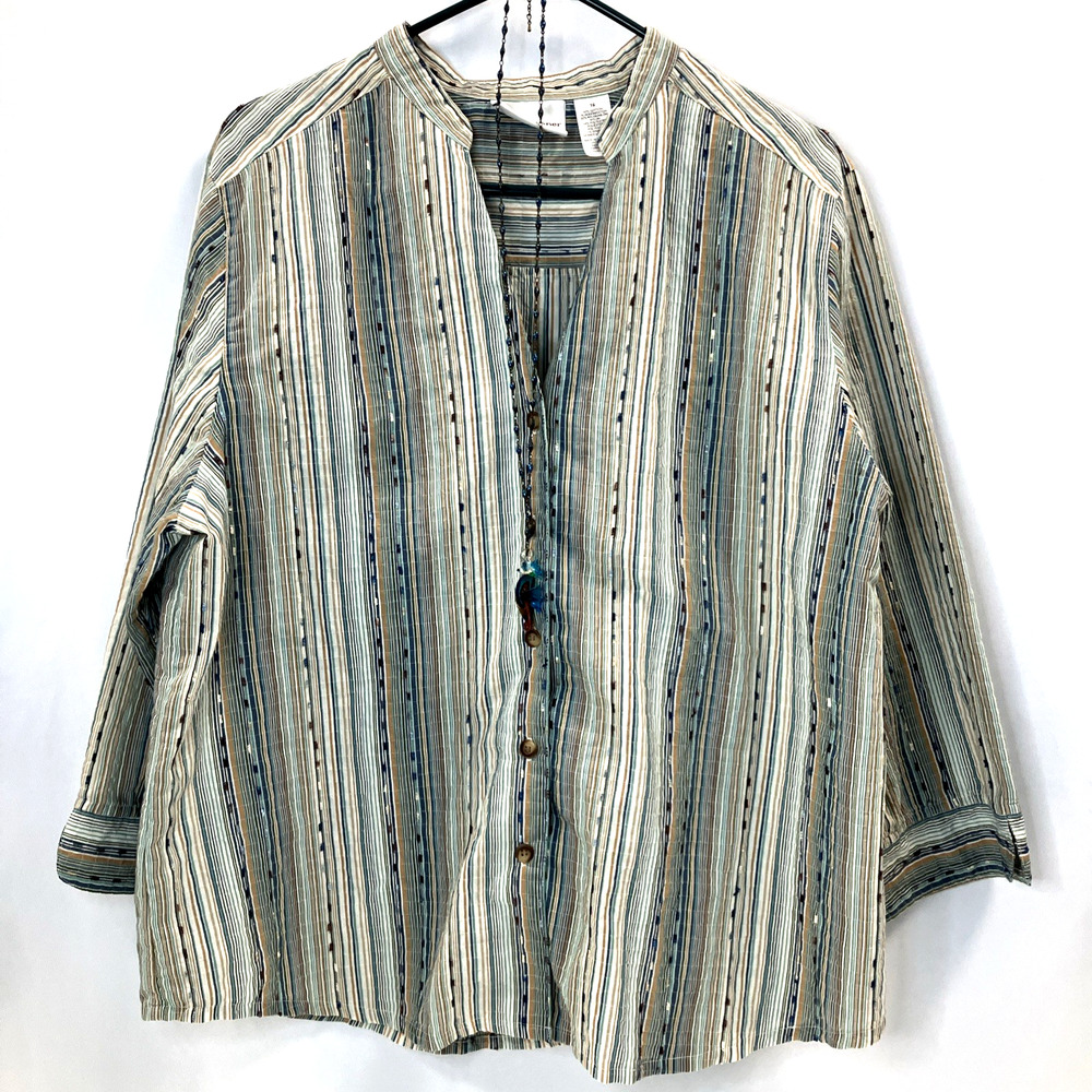 Alfred Dunner Button Down 3/4 Sleeve Blouse sz 16 Striped Boho w/ necklace